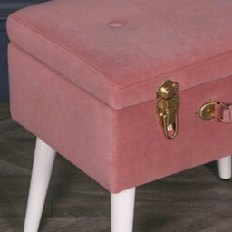Amour Pink Velvet White Legs Upholstered Suitcase Bedroom Dressing Stool - thumbnail 4
