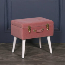 Amour Pink Velvet White Legs Upholstered Suitcase Bedroom Dressing Stool - thumbnail 1