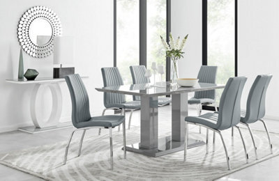 Furniturebox Imperia Grey High Gloss 6 Seater Dining Table With Structural 2 Plinth Column Legs 6 Grey Stitched Faux Leather Isco Chairs - image 1