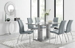 Furniturebox Imperia Grey High Gloss 6 Seater Dining Table With Structural 2 Plinth Column Legs 6 Grey Stitched Faux Leather Isco Chairs