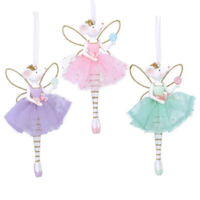 Gisela Graham Christmas Set Of 3 Pastel Fairy Mice Hanging Tree Decorations, 15 X 7 Cm Each