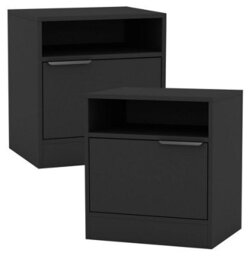 Urbn-Living Urbnliving 49.5Cm Height 2 Pcs 1-Door Bedside Black Table Cabinet Nightstand Storage Shelf Unit Bedroom Furniture - thumbnail 1