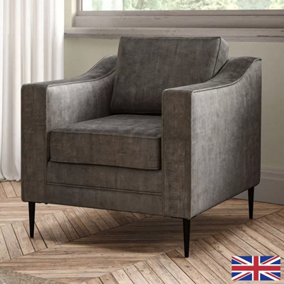 Aspen Grey Velvet Armchair, Reversible Foam Seat & Back Cushions, Piped Detailing, Black Metal Stiletto Legs - image 1