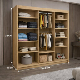 Ie Oslo Wardrobe With Rails & Shelves Sliding Door Wardrobe ( Oak, 180 Cm ) - thumbnail 3
