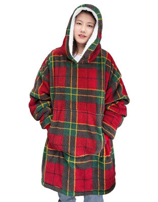 Homes & Linen Blanket Hoodie Tartan Check Oversized Wearable Teddy Fleece Hooded Blanket