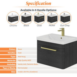Plum&clay Emery Textured Black Wall Hung Bathroom Vanity Unit & Basin Set With Gold Handles (W)80Cm (H)46Cm - thumbnail 5