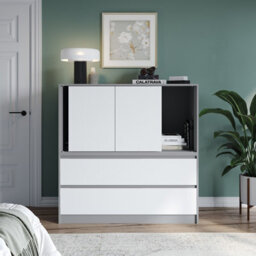 Urbn-Living Urbnliving 120Cm Height Grey With 3 Sliding White Door 4 Drawer  Bedside Cabinet Storage End Unit Bedroom Furniture - thumbnail 2