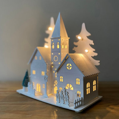 Selections Christmas Village Alpine Scene Decoration White Wooden Ornament With Leds - image 1