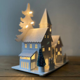 Selections Christmas Village Alpine Scene Decoration White Wooden Ornament With Leds - thumbnail 3
