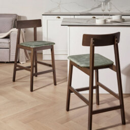 Wyld And Coco Everwood Home Two Bar Chairs Dark Brown Frame With Green Upholstered Seats, Pair - thumbnail 2