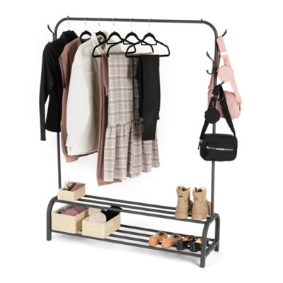 Livivo Clothes Storage Rail With Hooks & Shoe Rack - Black - image 1