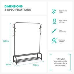Livivo Clothes Storage Rail With Hooks & Shoe Rack - Black - thumbnail 9