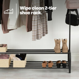 Livivo Clothes Storage Rail With Hooks & Shoe Rack - Black - thumbnail 3