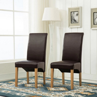 Brown Set Of 2 Faux Leather Dining Chairs Roll Top Scroll High Back Home Restaurants - image 1