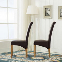 Brown Set Of 2 Faux Leather Dining Chairs Roll Top Scroll High Back Home Restaurants - thumbnail 3