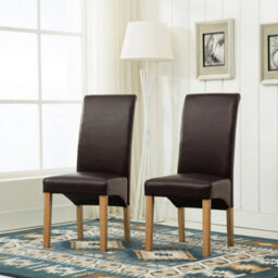 Brown Set Of 2 Faux Leather Dining Chairs Roll Top Scroll High Back Home Restaurants - thumbnail 1