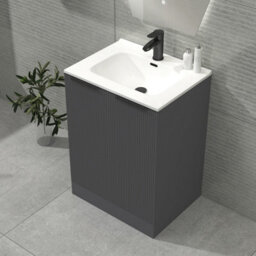 Royal Bathrooms Evora 600mm Graphite Grey Fluted Floor Standing Bathroom Vanity Unit 2 Door Cabinet With Ceramic Basin & Matt Black Handles - thumbnail 4