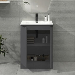 Royal Bathrooms Evora 600mm Graphite Grey Fluted Floor Standing Bathroom Vanity Unit 2 Door Cabinet With Ceramic Basin & Matt Black Handles - thumbnail 3