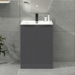 Royal Bathrooms Evora 600mm Graphite Grey Fluted Floor Standing Bathroom Vanity Unit 2 Door Cabinet With Ceramic Basin & Matt Black Handles
