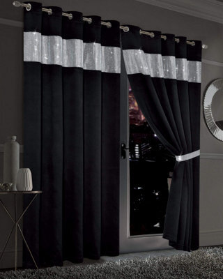 Diamante Blackout Eyelet Curtains In Black, 167Cm X 137Cm