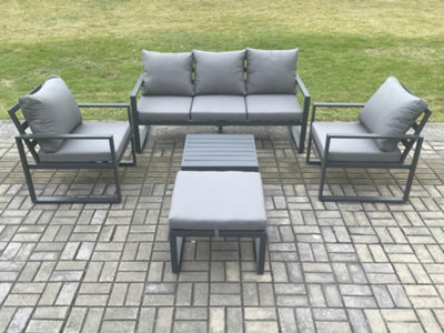 Fimous Aluminium Outdoor Garden Furniture Set Lounge Sofa 2 Pc Chairs Square Coffee Table Sets With Big Footstool Dark Grey - image 1