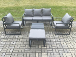 Fimous Aluminium Outdoor Garden Furniture Set Lounge Sofa 2 Pc Chairs Square Coffee Table Sets With Big Footstool Dark Grey - thumbnail 2