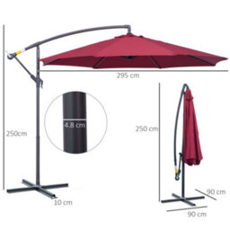 Outsunny 3(M) Garden Banana Parasol Cantilever Umbrella W/ Crank, Wine Red - thumbnail 3