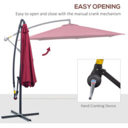 Outsunny 3(M) Garden Banana Parasol Cantilever Umbrella W/ Crank, Wine Red - thumbnail 4