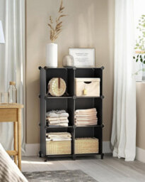 6 Cube Storage Unit, Modular Plastic Cube Storage Organiser With Feet, Shoe Rack, With Rubber Mallet, Black