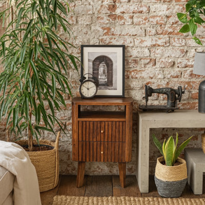 Wyld Haus Brisighella Slatted Retro Mango Wood Bedside Table 2 Drawers Open Shelf - image 1