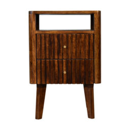 Wyld Haus Brisighella Slatted Retro Mango Wood Bedside Table 2 Drawers Open Shelf - thumbnail 2