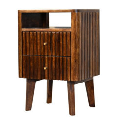 Wyld Haus Brisighella Slatted Retro Mango Wood Bedside Table 2 Drawers Open Shelf - thumbnail 4