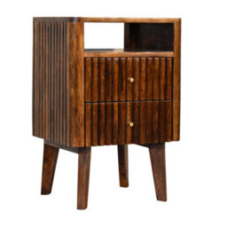Wyld Haus Brisighella Slatted Retro Mango Wood Bedside Table 2 Drawers Open Shelf - thumbnail 3