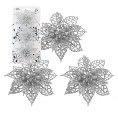 Clip On Poinsettia Christmas Decorations X 3 7. 5Cm Silver - image 1