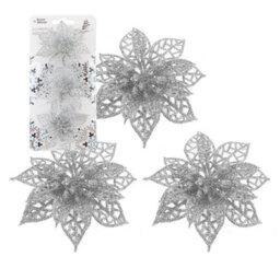 Clip On Poinsettia Christmas Decorations X 3 7. 5Cm Silver - thumbnail 1