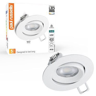 Paul Russells Led Downlight White Non-Dimmable Tiltable Recessed Ceiling Spotlight 4.8W 400 Lumens, Ip20 Warm White 3000K - image 1