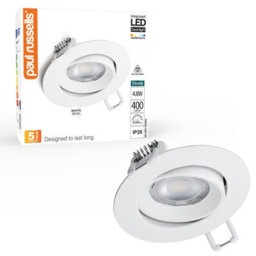 Paul Russells Led Downlight White Non-Dimmable Tiltable Recessed Ceiling Spotlight 4.8W 400 Lumens, Ip20 Warm White 3000K - thumbnail 1