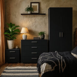 Wyld Haus Wilde Black 3-Piece Bedroom Set - 2-Drawer Bedside, 4-Drawer Chest, 2-Door Wardrobe