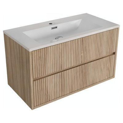 FNX Bathrooms Fluted Square 800 Wall Mounted Vanity Unit & Basin Set - Oak Cabinet With Matte White Polymarble Basin - image 1