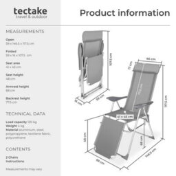 Tectake 2 Folding Aluminum Garden Chairs With Headrest And Footrest - Grey - 2 - thumbnail 6
