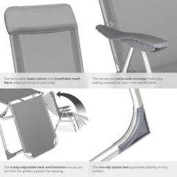 Tectake 2 Folding Aluminum Garden Chairs With Headrest And Footrest - Grey - 2 - thumbnail 5