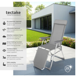 Tectake 2 Folding Aluminum Garden Chairs With Headrest And Footrest - Grey - 2 - thumbnail 2