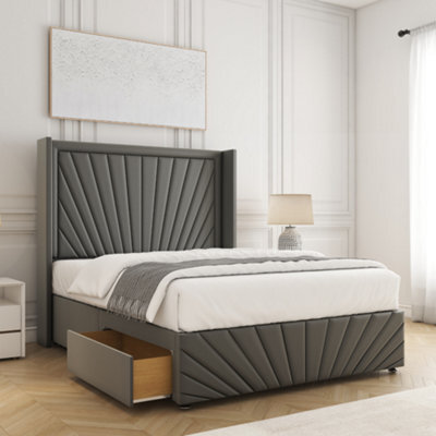 Bsspoke Nola Divan Bed Set Grey Plush Velvet 54Inch Headboard & Footboard Mattress & 2 Drawers Footend In 4Ft 4Ft6 5Ft 6Ft - image 1