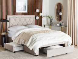 Beliani Bed With Storage Drawers Velvet Lievin 140 X 200 Cm (Eu Double) Beige - thumbnail 2