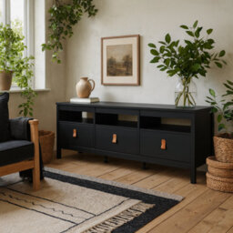 Wyld Haus Wildberry Matt Black Wooden Tv Unit With 3 Drawers And Leather Handles