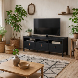 Wyld Haus Wildberry Matt Black Wooden Tv Unit With 3 Drawers And Leather Handles - thumbnail 2