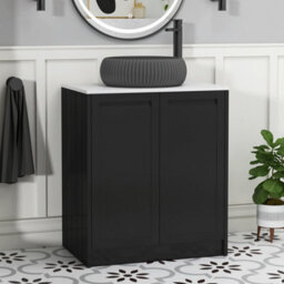Royal Bathrooms Royal Bathroom Elmore 700mm Nocturne Black Freestanding Bathroom Vanity Unit 2 Door Plain White Worktop With Milan Black Basin - thumbnail 1