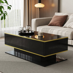 Btm High Gloss Led Coffee Table 100Cm, Gold Accents, 3 Drawers, Usb Led Light Strip - thumbnail 3