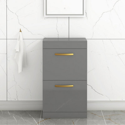 Royal Bathrooms Turin 500mm Indigo Grey Gloss Floor Standing Worktop Vanity Unit - 2 Drawer With Brushed Brass Handle - image 1