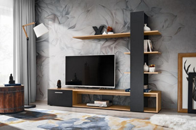 Arte Eco Contemporary Entertainment Media Unit 1 Door Shelves Oak Wotan Effect & Black (W)1900mm (H)1520mm (D)350mm - image 1